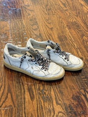 Golden Goose Deluxe Ball Star White Leather Sneakers with Leopard Laces Size 38